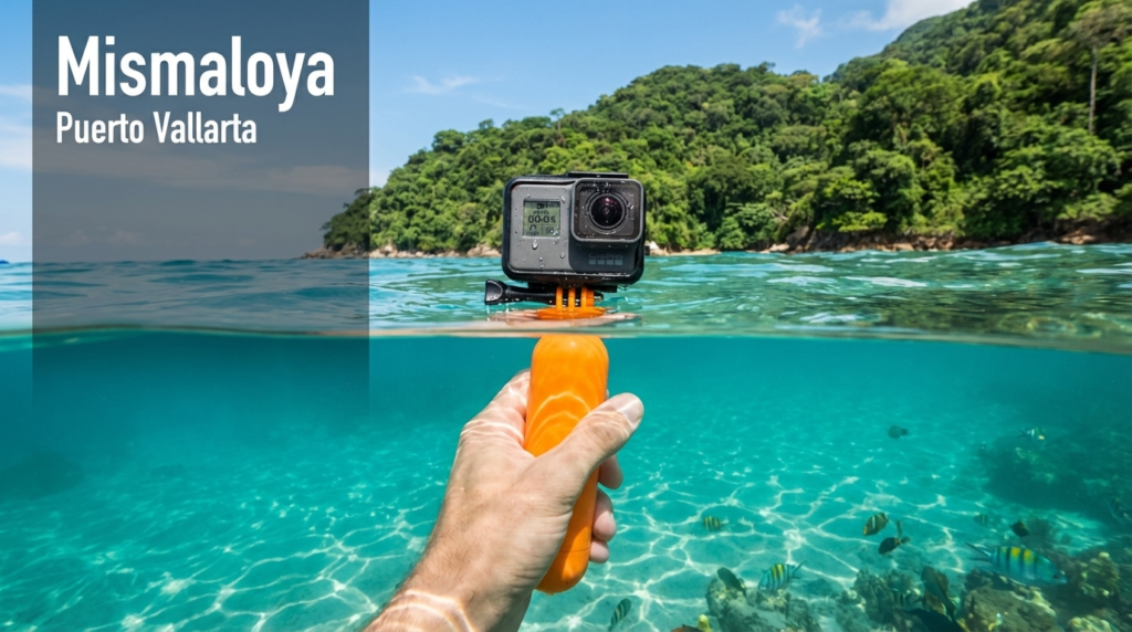 GoPro on orange floating grip in crystal-clear turquoise water at Mismaloya, Puerto Vallarta, reef & tropical fish