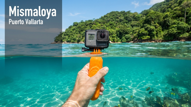GoPro on orange floating grip in crystal-clear turquoise water at Mismaloya, Puerto Vallarta, reef & tropical fish