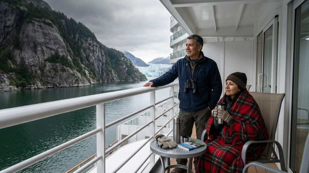 Couple on Alaska cruise balcony wrapped in blanket, enjoying glacier fjord view with mountains and icy water