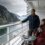Couple on Alaska cruise balcony wrapped in blanket, enjoying glacier fjord view with mountains and icy water