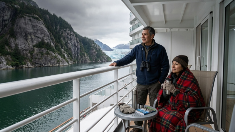Couple on Alaska cruise balcony wrapped in blanket, enjoying glacier fjord view with mountains and icy water