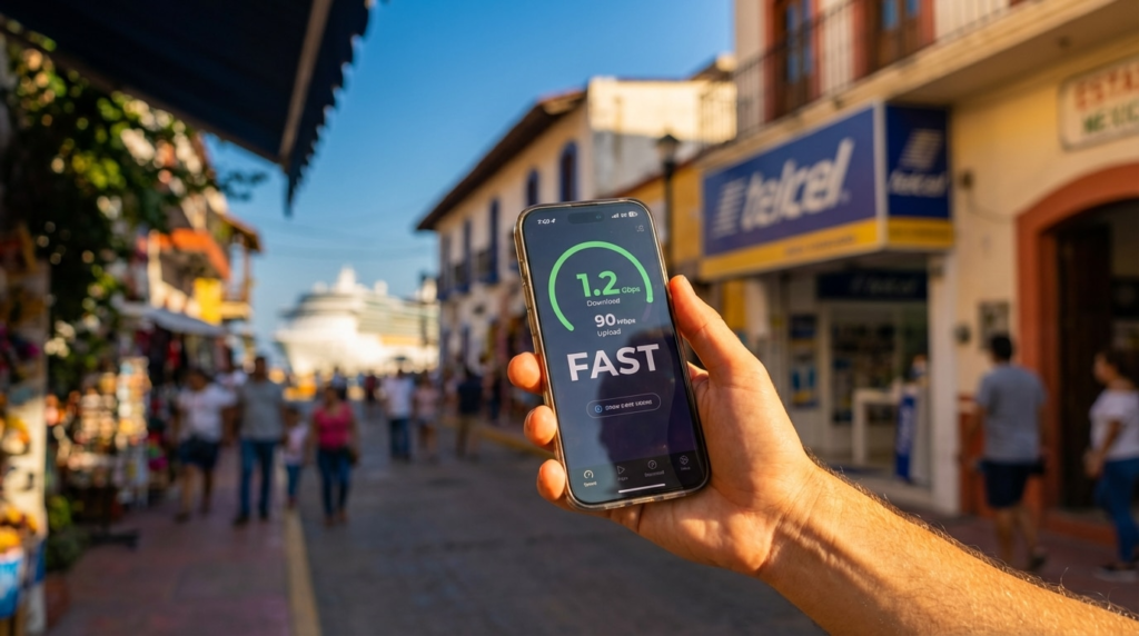Smartphone speed test reading FAST held on a busy coastal tourist street with shops and a cruise ship in view