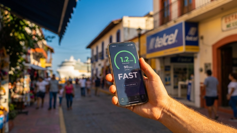 Smartphone speed test reading FAST held on a busy coastal tourist street with shops and a cruise ship in view