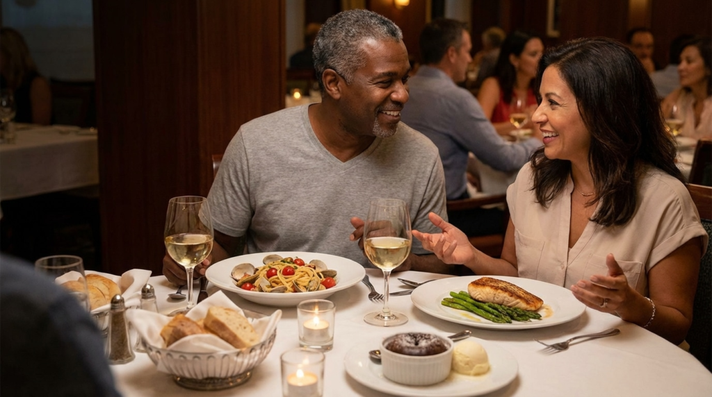 Smiling couple enjoying candlelit restaurant dinner: salmon with asparagus, pasta with clams, bread, dessert and white wine.
