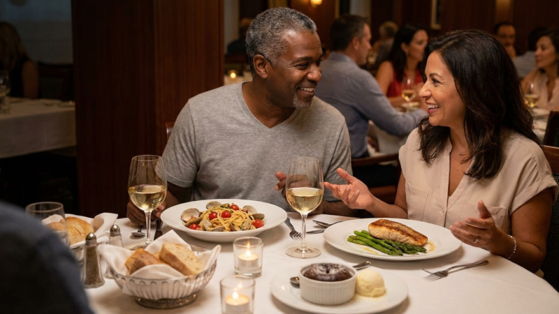 Smiling couple enjoying candlelit restaurant dinner: salmon with asparagus, pasta with clams, bread, dessert and white wine.
