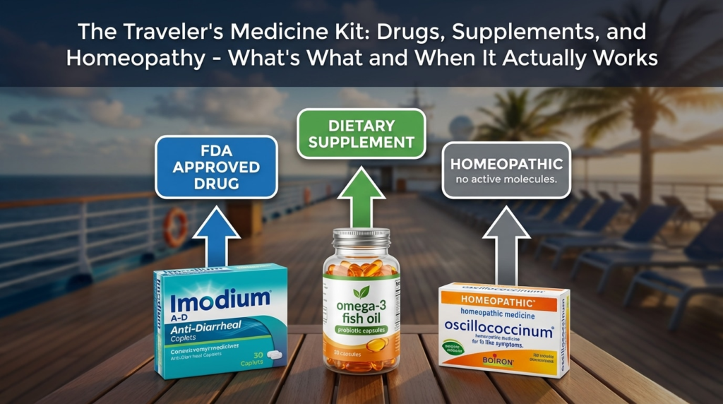 Traveler's medicine kit on cruise deck: Imodium anti-diarrheal, omega‑3 fish oil supplement, Oscillococcinum homeopathic box