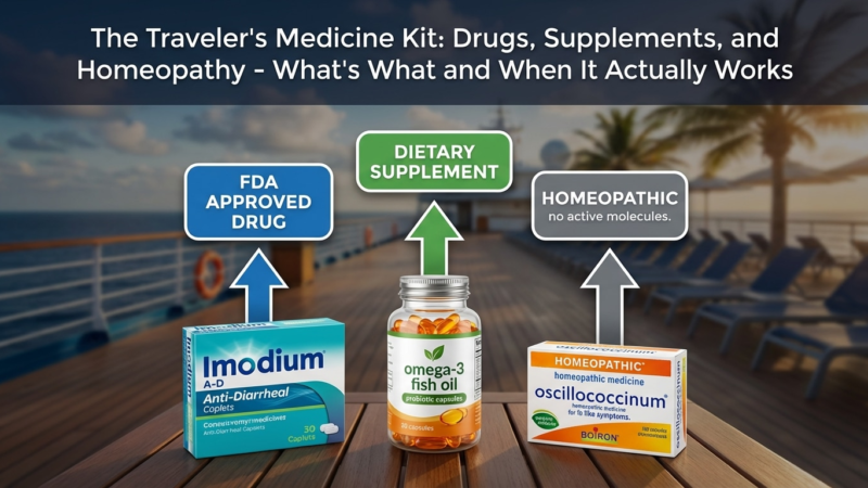 Traveler's medicine kit on cruise deck: Imodium anti-diarrheal, omega‑3 fish oil supplement, Oscillococcinum homeopathic box