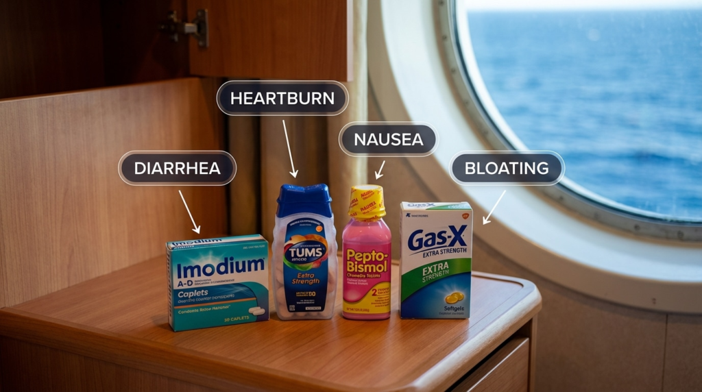 Cruise seasickness and upset-stomach remedies on cabin table: Imodium, Tums, Pepto-Bismol, Gas-X by porthole