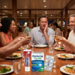 Man with toothache at dinner with friends, foreground shows Orajel, Dentemp One-Step and ibuprofen toothache relief