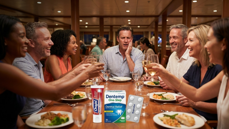 Man with toothache at dinner with friends, foreground shows Orajel, Dentemp One-Step and ibuprofen toothache relief