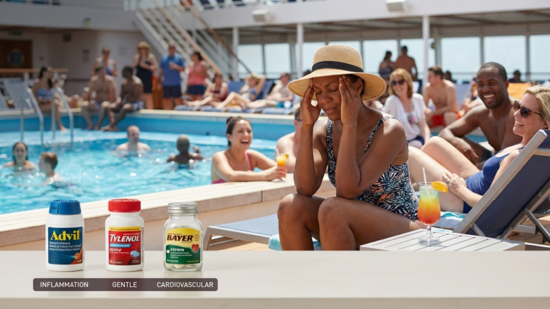 Woman in sunhat rubbing temples by crowded cruise pool with Advil, Tylenol and Bayer aspirin bottles in foreground