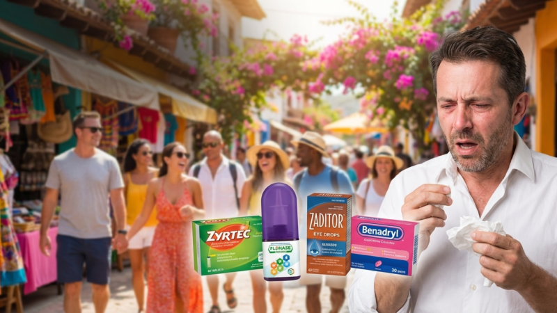 Man sneezing at sunny outdoor market with allergy meds (Zyrtec, Flonase, Zaditor, Benadryl) promoting travel allergy relief