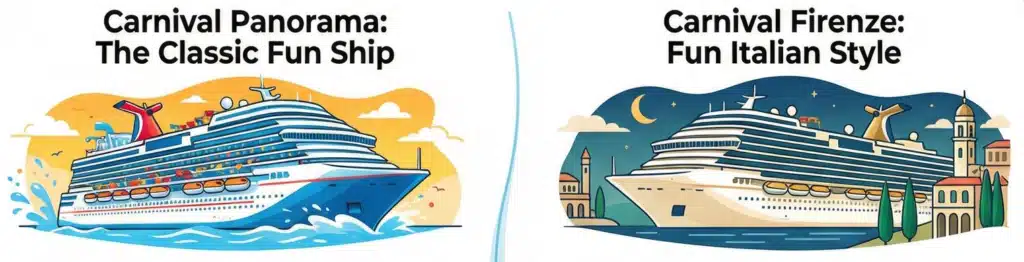 Illustrated cruise ships: Carnival Panorama The Classic Fun Ship and Carnival Firenze Fun Italian Style.