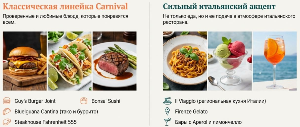 Carnival menu options with burgers, tacos, steak, pasta, gelato, and cocktails for a diverse dining experience.