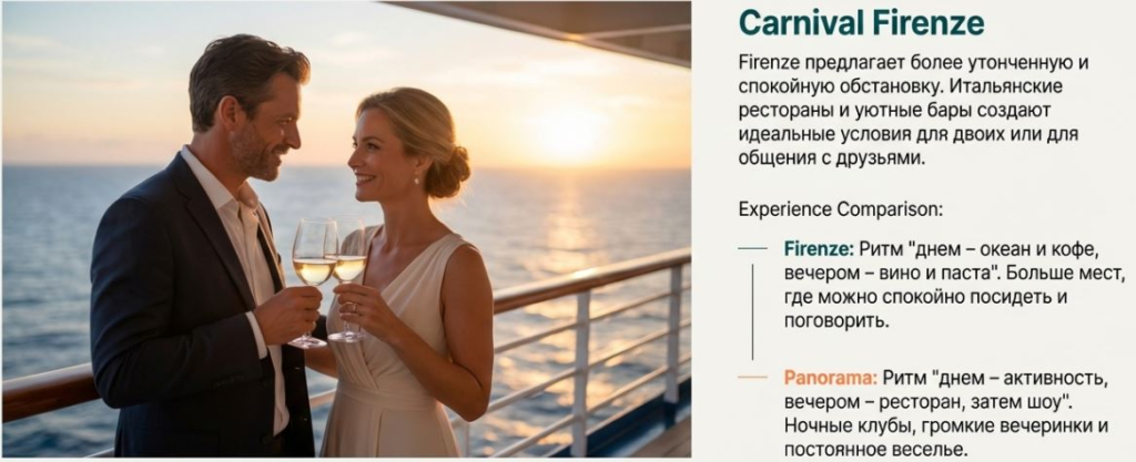 Couple enjoying sunset on Carnival Firenze deck with wine, highlighting a refined and relaxing cruise experience.