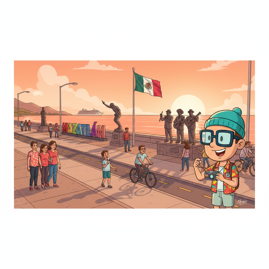 Cartoon tourist enjoying Mazatlán's scenic boardwalk with statues, sunset, and a Mexican flag in the background.