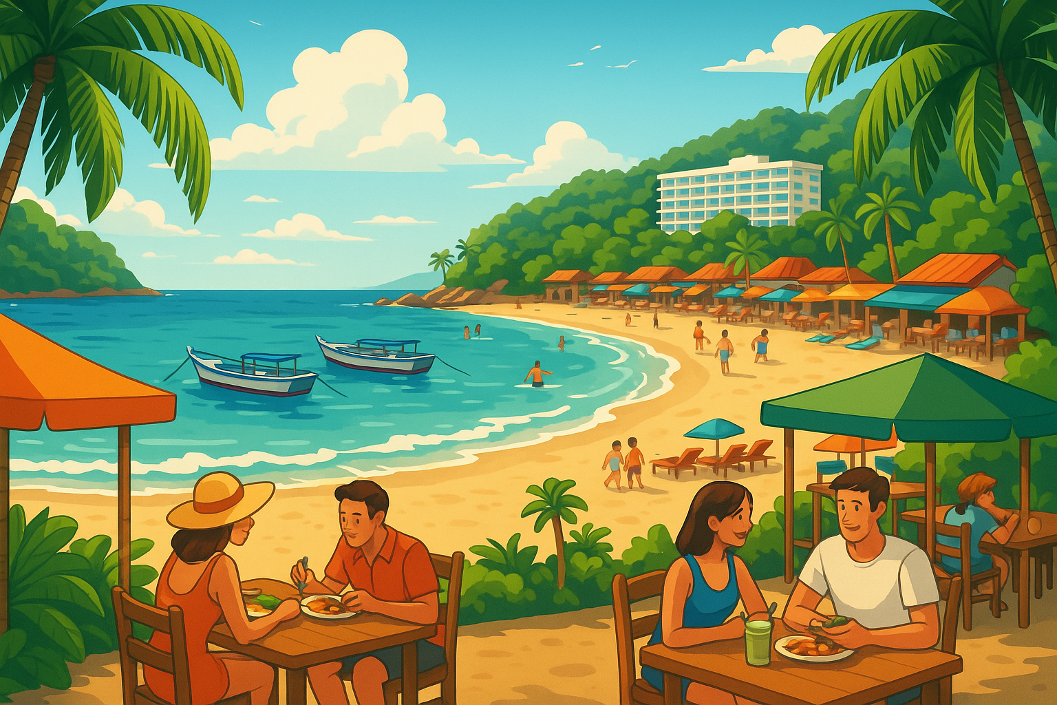 Couples dining by tropical beach with boats, umbrellas, and a distant hotel under a sunny blue sky.