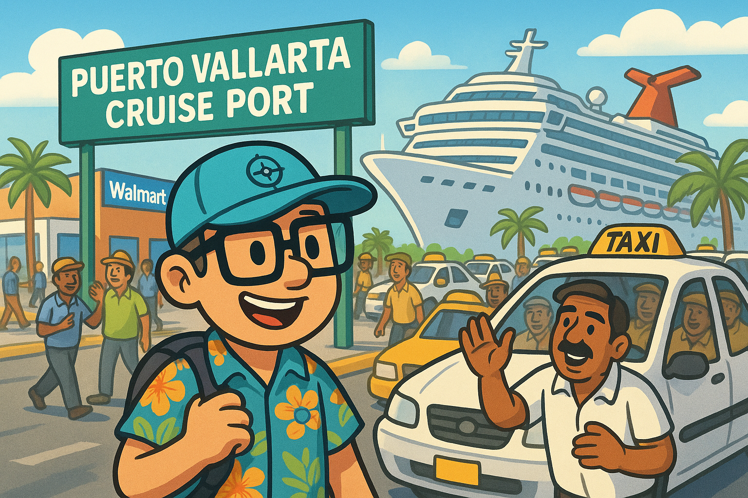 Cartoon of a cruise port with a smiling tourist, cruise ship, and taxi driver near Puerto Vallarta sign.