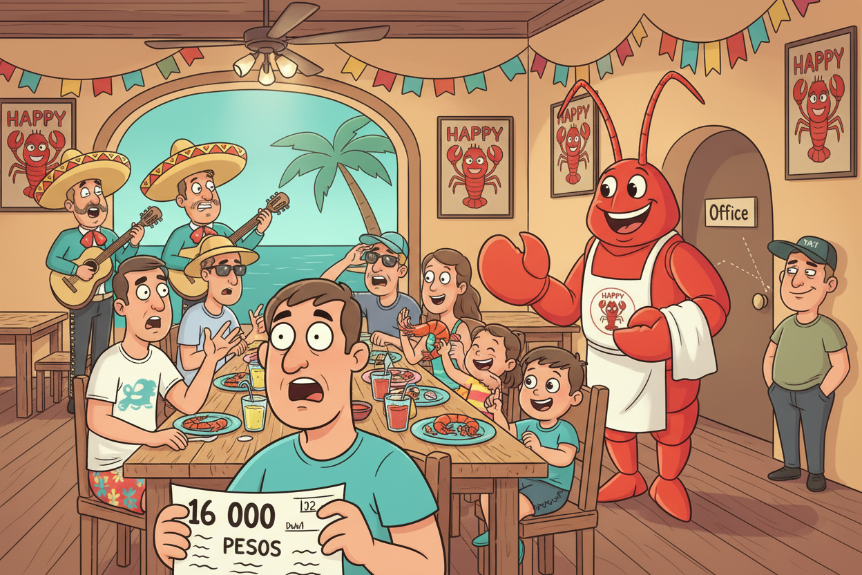 Cartoon restaurant scene: shocked man with bill, happy lobster mascot, musicians, and diners enjoying seafood.