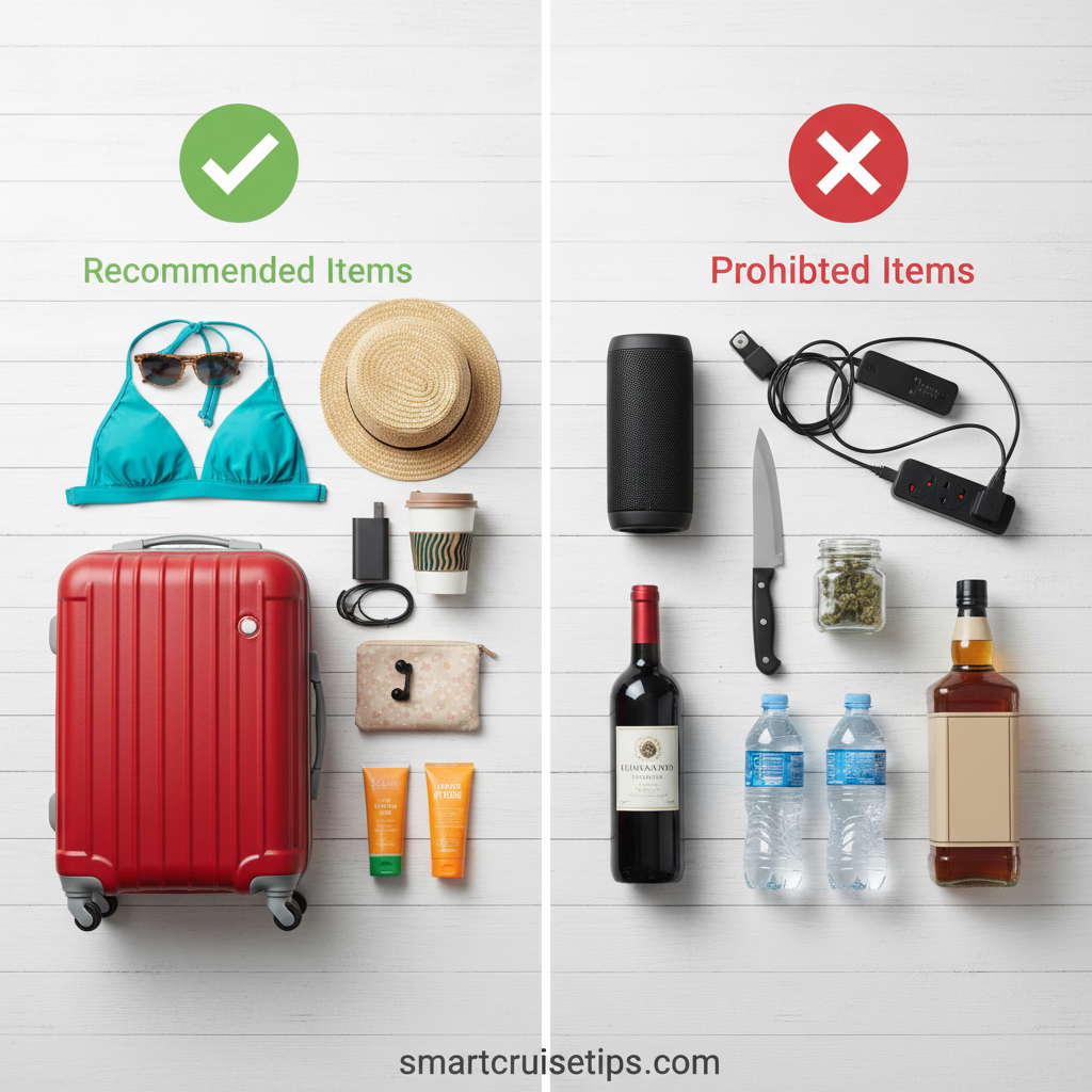 Recommended vs. prohibited cruise items: luggage, swimsuit, hat, sunscreen vs. alcohol, power strip, and knife.
