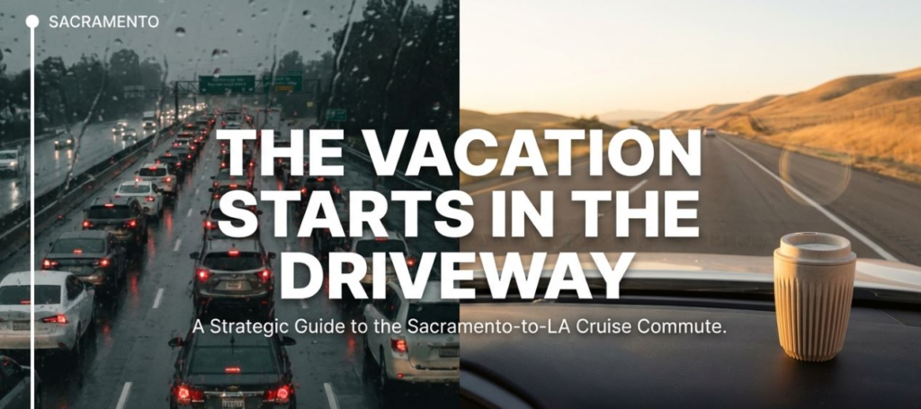 Rainy traffic drive vs. sunny open road for Sacramento to LA cruise. 'The vacation starts in the driveway' guide.