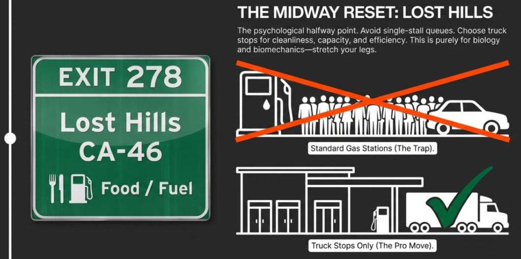 Lost Hills Exit 278 sign advises choosing truck stops for better facilities over standard gas stations.