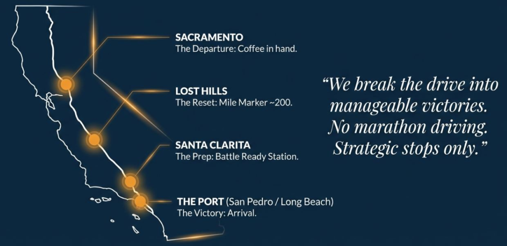 Map of California road trip with strategic stops: Sacramento, Lost Hills, Santa Clarita, The Port. No marathon driving.