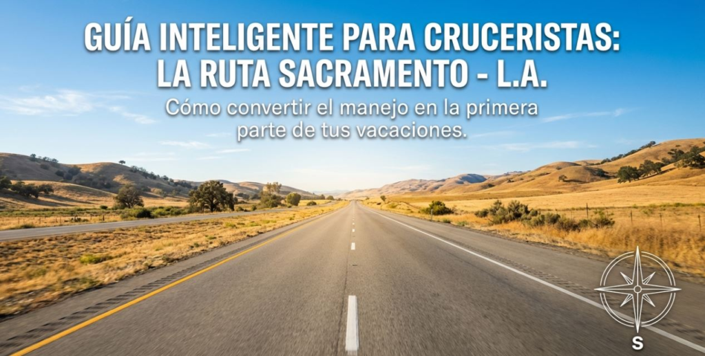 Guide for travelers on the Sacramento to L.A. route with scenic road view under blue skies.