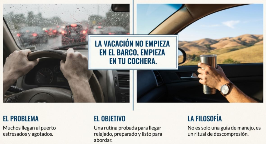 Split image of driving in traffic and open road, with text: La vacación no empieza en el barco, empieza en tu cochera.