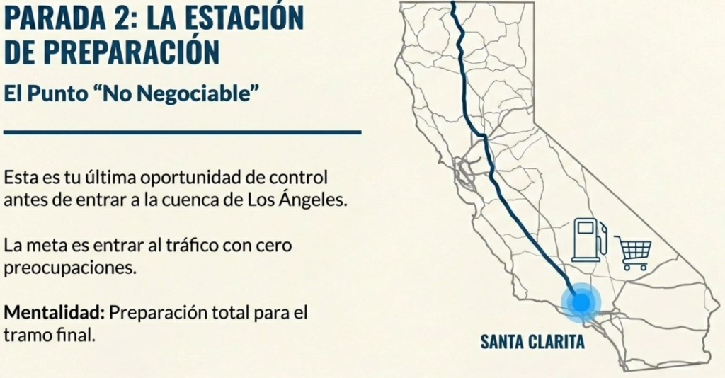 Map highlighting Santa Clarita as a key preparation stop before entering Los Angeles traffic.<br>