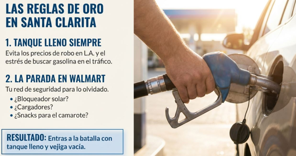 Gas station tips in Santa Clarita: Always fill up, stop at Walmart for essentials like sunscreen, chargers, and snacks.