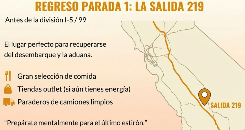 Map and guide for Exit 219: dining, outlet shops, clean truck stops, ideal post-customs rest area before I-5/99 split.