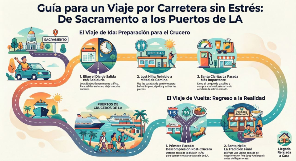 Infografía de viaje por carretera de Sacramento a Los Ángeles, destacando paradas clave en rutas de ida y vuelta.