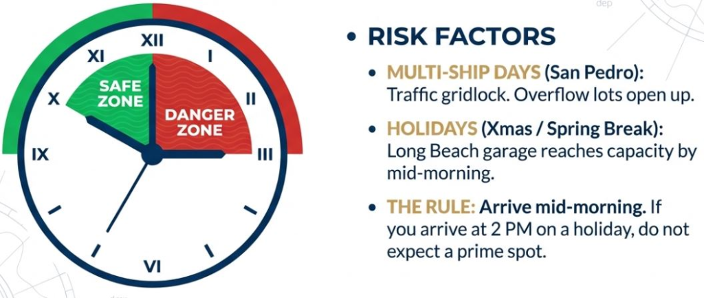 Clock graphic showing Safe Zone in green, Danger Zone in red; risk factors include multi-ship days, holidays, timely arrival.