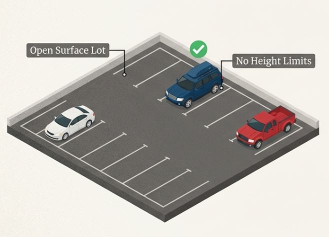 Open surface parking lot illustration with no height limits, featuring cars parked in designated spaces.
