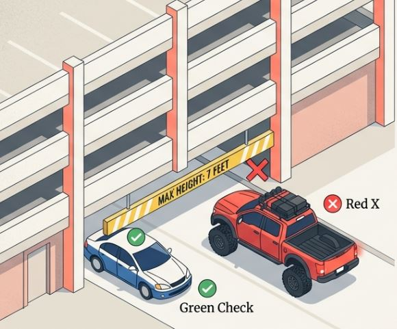 Illustration of a parking garage entrance with a height restriction sign, showing correct and incorrect vehicle sizing.
