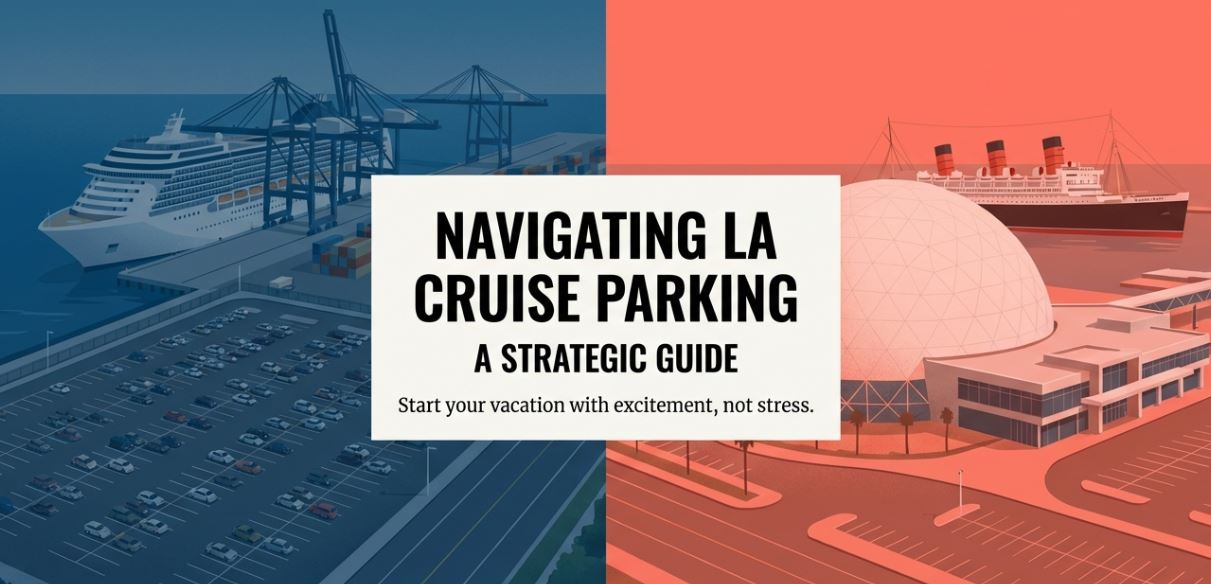 Illustration of LA cruise parking guide with ships and a parking lot. Start your vacation stress-free.