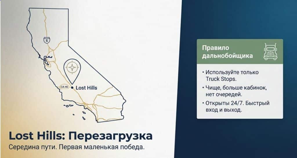 Map showing Lost Hills, California with trucker tips in Russian about using truck stops.