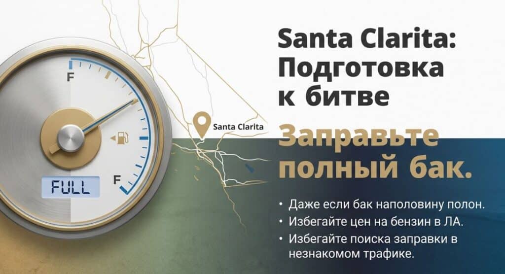 Fuel gauge full with Santa Clarita map; text in Russian about filling up before LA trip.