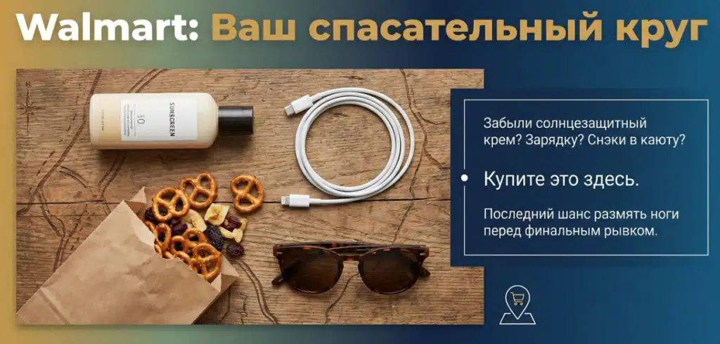 Walmart travel essentials: sunscreen, snack pretzels, charging cable, sunglasses. Russian text promoting purchases.