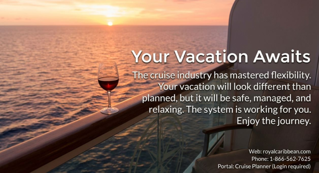 Cruise ship deck at sunset with wine glass, promoting vacation relaxation and flexibility.