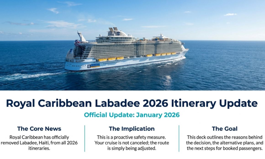 Cruise ship in ocean labeled Royal Caribbean Labadee 2026 Itinerary Update: Labadee removed for safety reasons.