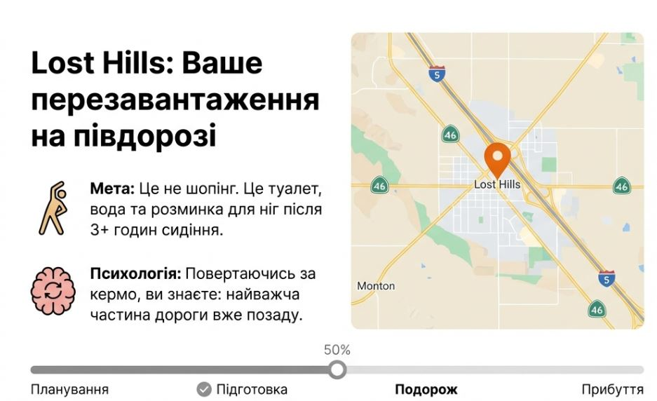 Map of Lost Hills with travel tip: rest here for a break after long drive. Progress bar shows 50% journey completion.