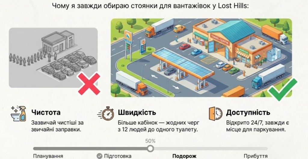 Comparison of Lost Hills truck stops: cleanliness, speed, and accessibility vs. traditional gas stations.