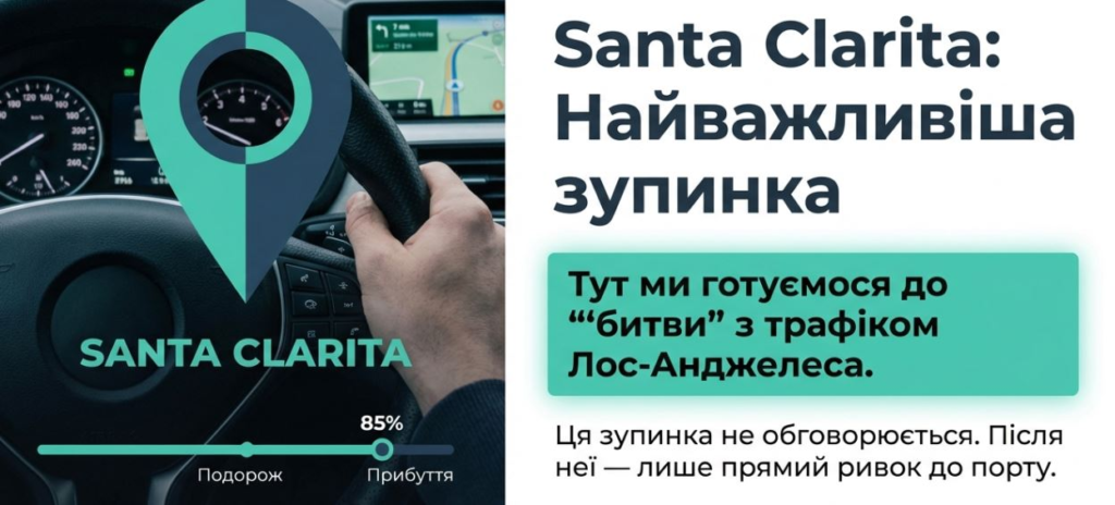 Steering wheel view, Santa Clarita stop sign in Ukrainian, road map on GPS screen. Preparing for Los Angeles traffic.