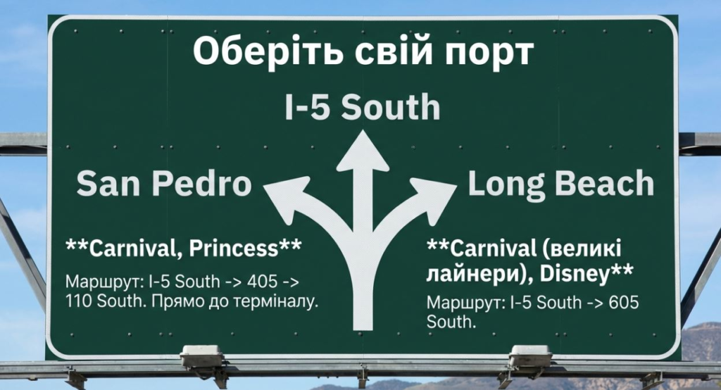 Highway sign for I-5 South, directing to San Pedro and Long Beach for Carnival, Princess, and Disney cruises in English and Ukrainian.