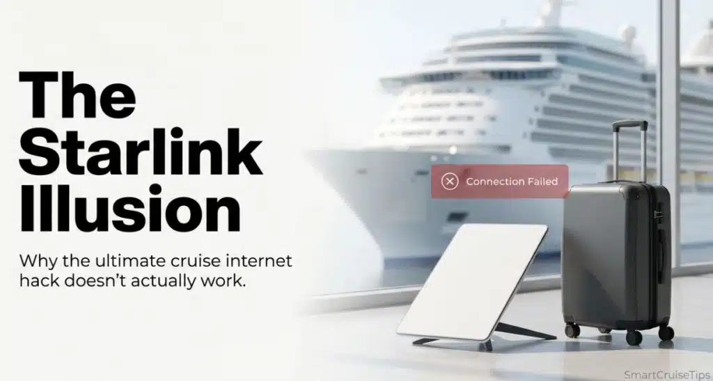 Starlink illusion: A satellite dish near a suitcase with a cruise ship backdrop, highlighting internet connectivity issues.