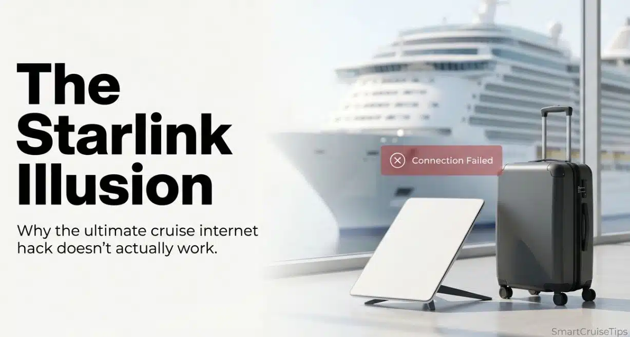 Starlink illusion: A satellite dish near a suitcase with a cruise ship backdrop, highlighting internet connectivity issues.