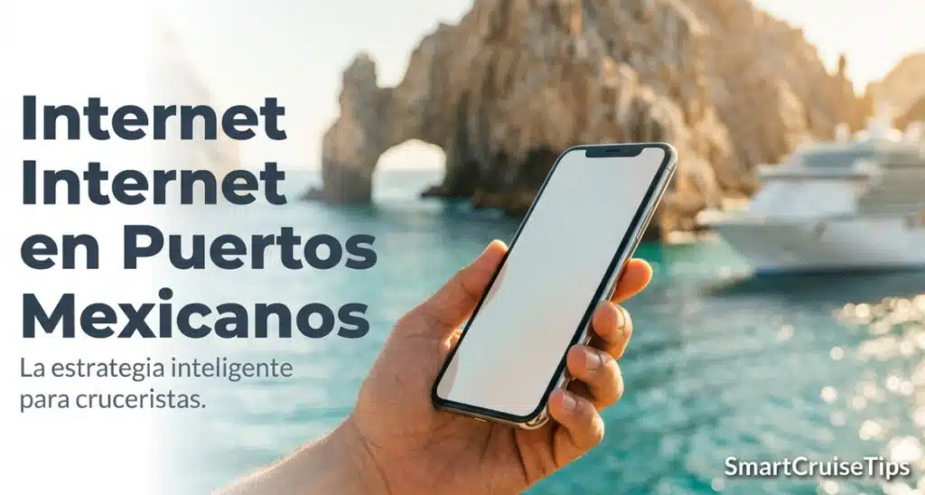 Smartphone in hand near scenic Mexican port, promoting internet strategies for cruise travelers.