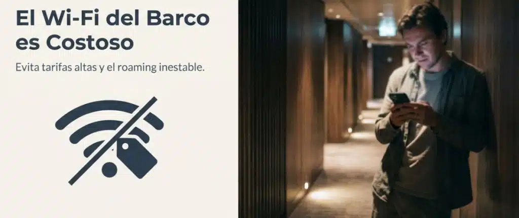 Man using a smartphone in a hallway with a notice about costly ship Wi-Fi and avoiding high roaming charges.